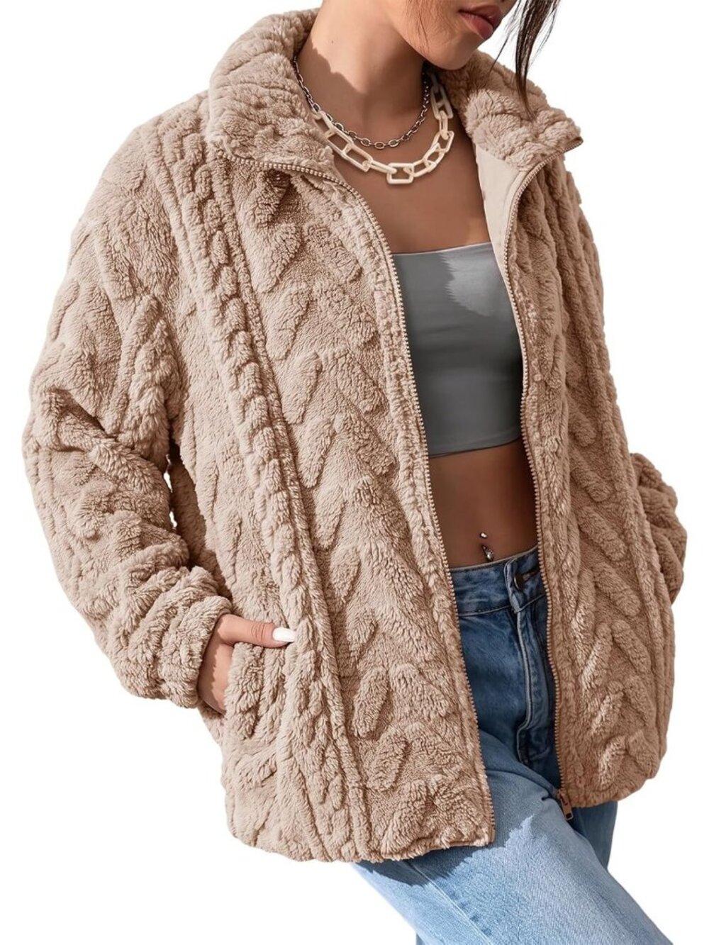 Women's Light French Beige Sherpa Fabric Coat Loose Fit Zipper Fleece Jacket